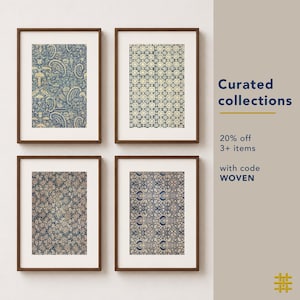 Curated printable wall art collection featuring traditional Indonesian Batik prints, a set of antique textile scans in indigo blue and cream, designed to create an affordable collected gallery wall with vintage textile style.