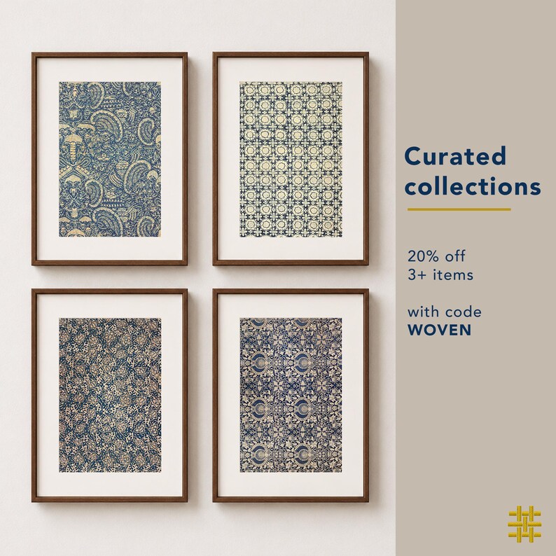 Curated printable wall art collection featuring traditional Indonesian Batik prints, a set of antique textile scans in indigo blue and cream, designed to create an affordable collected gallery wall with vintage textile style.