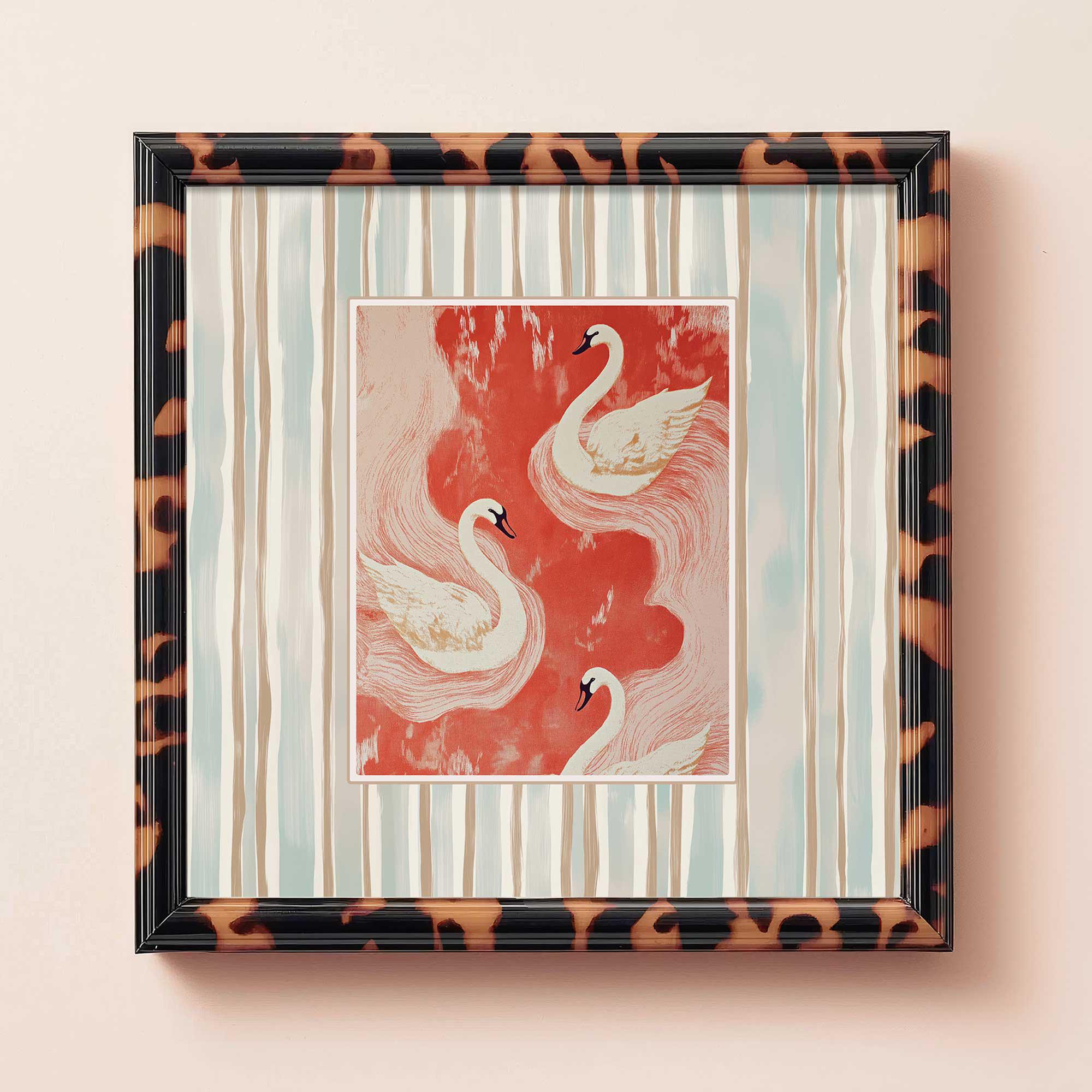 Impresión de cisne blanco sobre fondo coral con marco de rayas azul pastel y beige - Arte de pared de pájaros vintage moderno - Coquette Grandmacore Decor