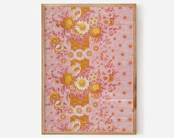 Pink yellow floral textile art, Printable antique fabric tapestry art, Downloadable print, English vintage wall art flowers