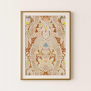 Obra de arte descargable de color crema terracota boho francés, tapiz antiguo con patrón floral, impresión artística vintage, arte de pared textil boho