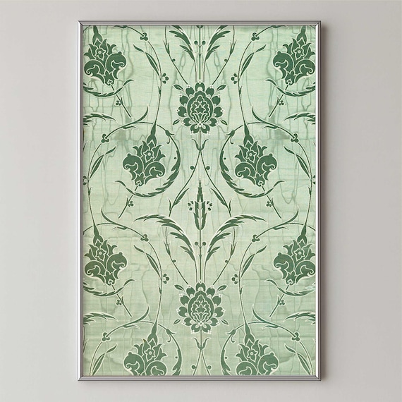 Mint green poster vintage wall art print downloadable - Floral textile art antique artwork art nouveau pattern - Shabby chic aesthetic art