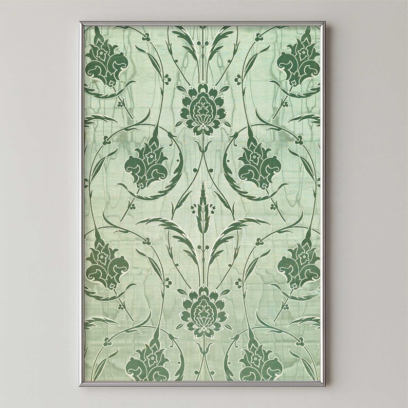 Antique Turkish silk printable textile artwork Ottoman floral pattern  in mint and forest green with a satin sheen in a sleek silver frame on a soft warm grey wall