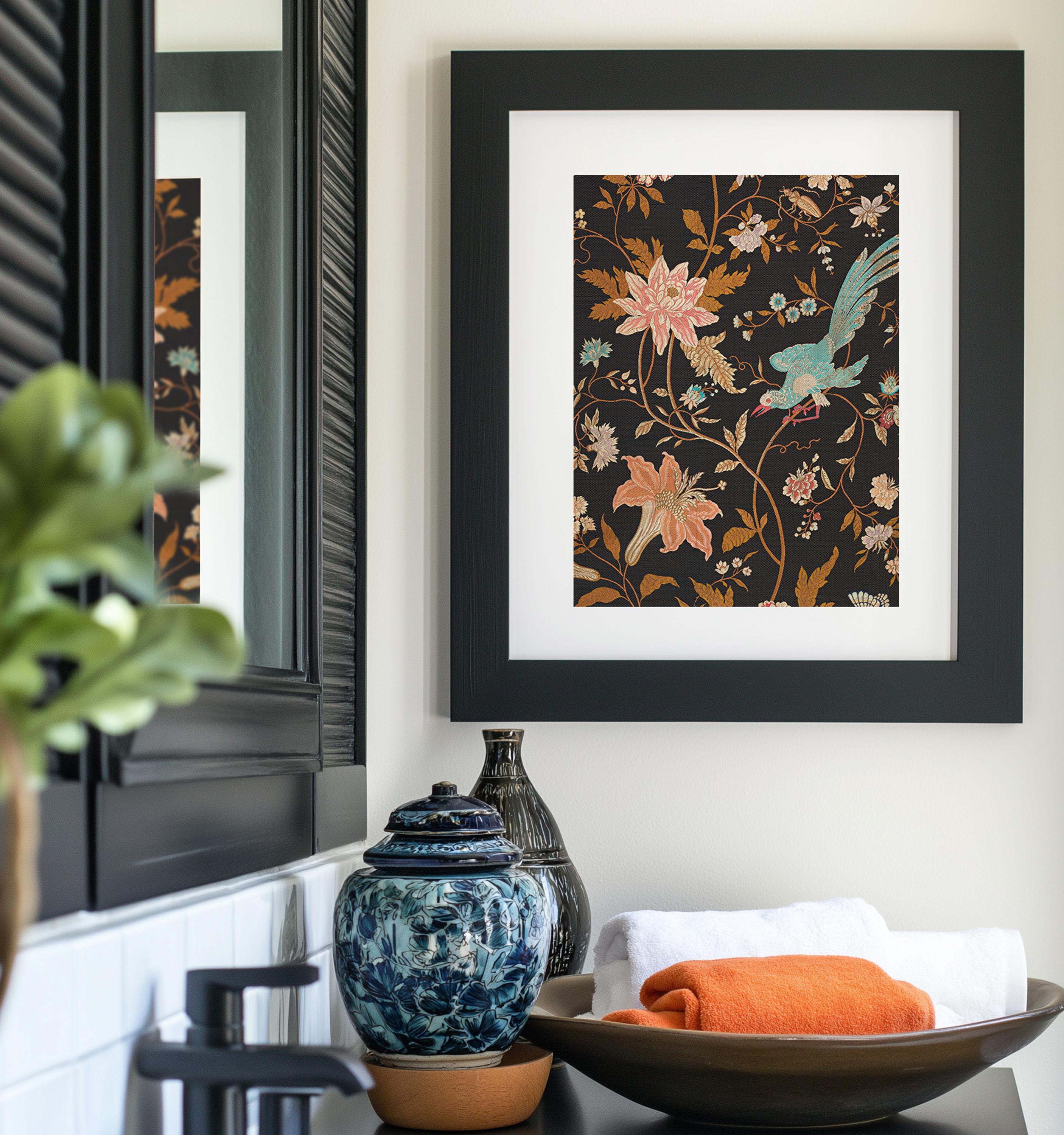 シノワズリタペストリーロココ調装飾、アンティークテキスタイル鳥壁