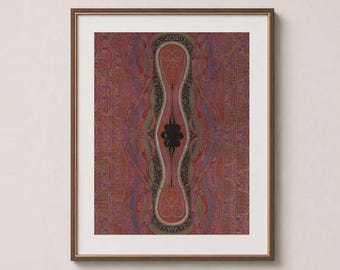 May include: A framed wall art print featuring a symmetrical, intricate paisley pattern in shades of deep red, pink, and orange. The central design is elongated and hourglass-shaped, bordered by black and green accents, set within a thin brown frame.