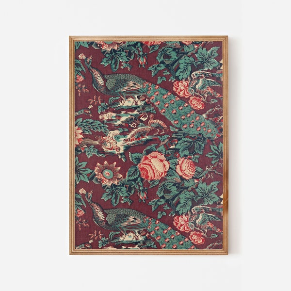 Vintage peacock Victorian floral print downloadable - Dark teal burgundy antique flowers bohemian artwork - English cottage style home decor