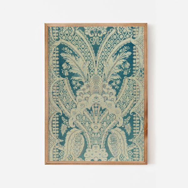 Tribal patterned textile print downloadable, printable French wall art, antique art print in teal