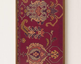 Palmette Rug Motif – Arabesque Textile Wall Art Print – Crimson & Antique Gold (Digital Download)