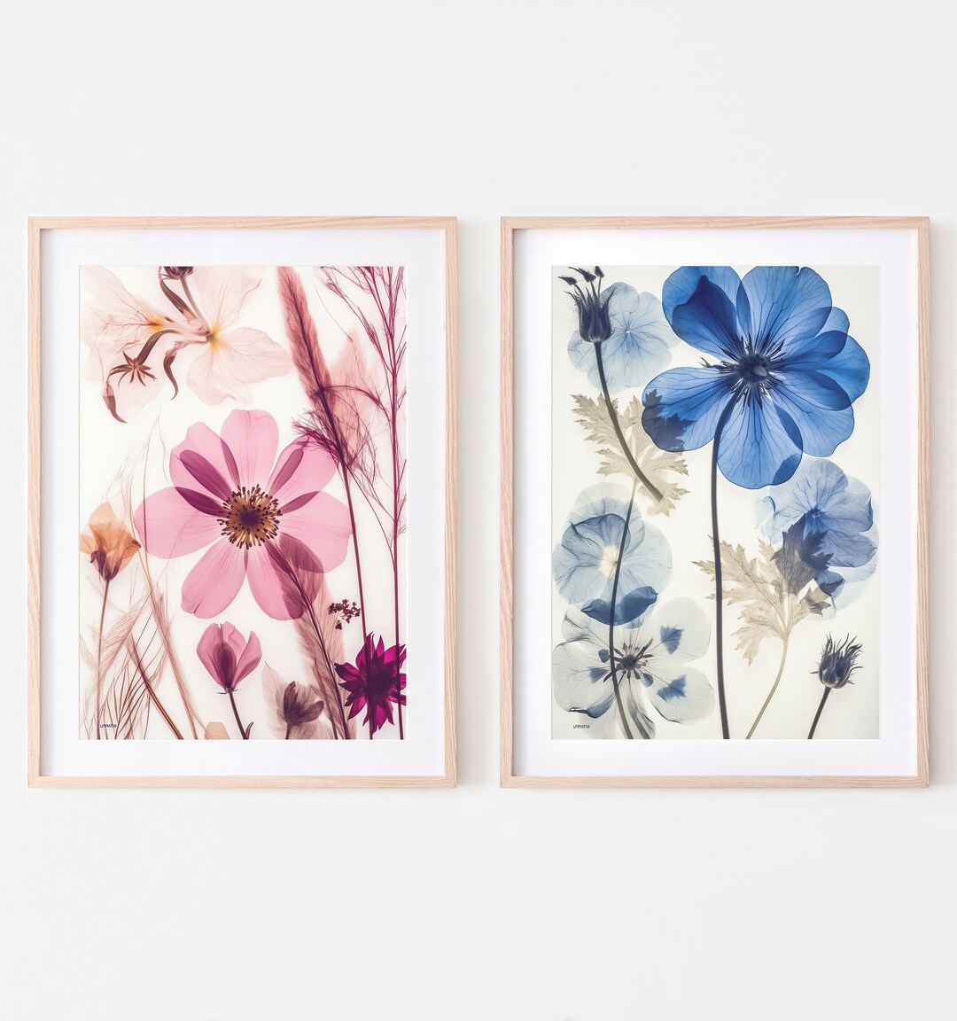 Pink and Blue Flower Art Print Set of Two Downloadable, Modern Floral