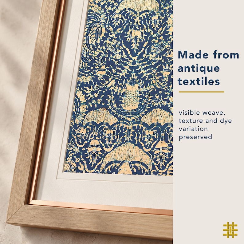 Made from antique textiles, Crayfish Batik is a printable wall art digital download created from a real textile scan, preserving batik pattern, weave texture, dye variation and aged textile detail.