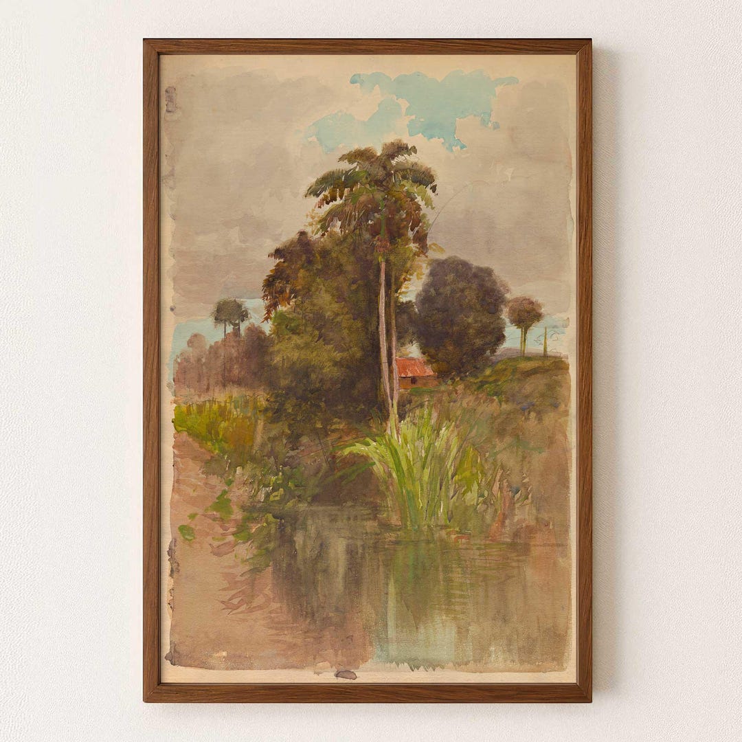 Palm Trees River Scene - Vintage Landscape Painting in Muted Green and ...