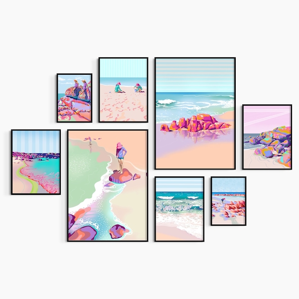 Modern beach gallery wall set of 8 prints download, Bright ocean graphic style illustrations by Australian artist