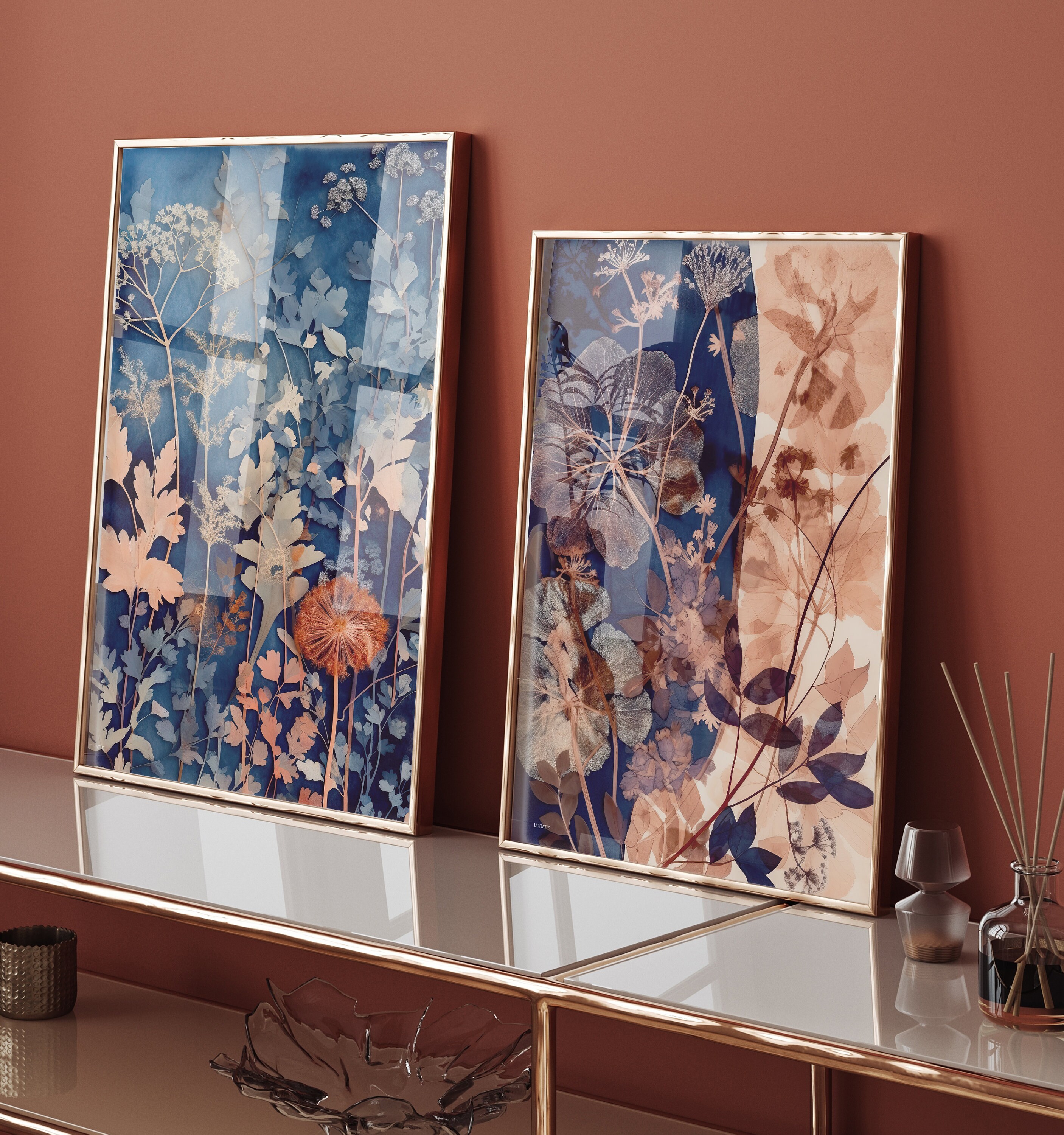 Blue Pressed Flowers Wall Art Set of 2 - Navy Florals Matching Prints ...