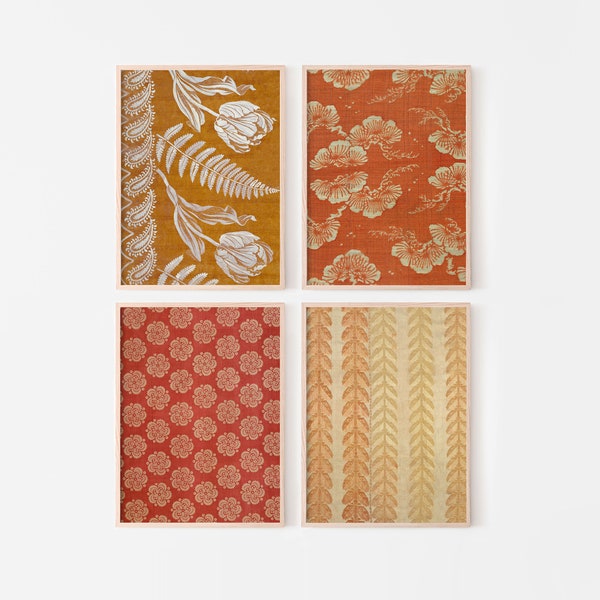 Set of 4 terracotta textile art downloadable prints - Rust red ochre vintage wall art gallery set  - Earthy mud cloth printable artwork