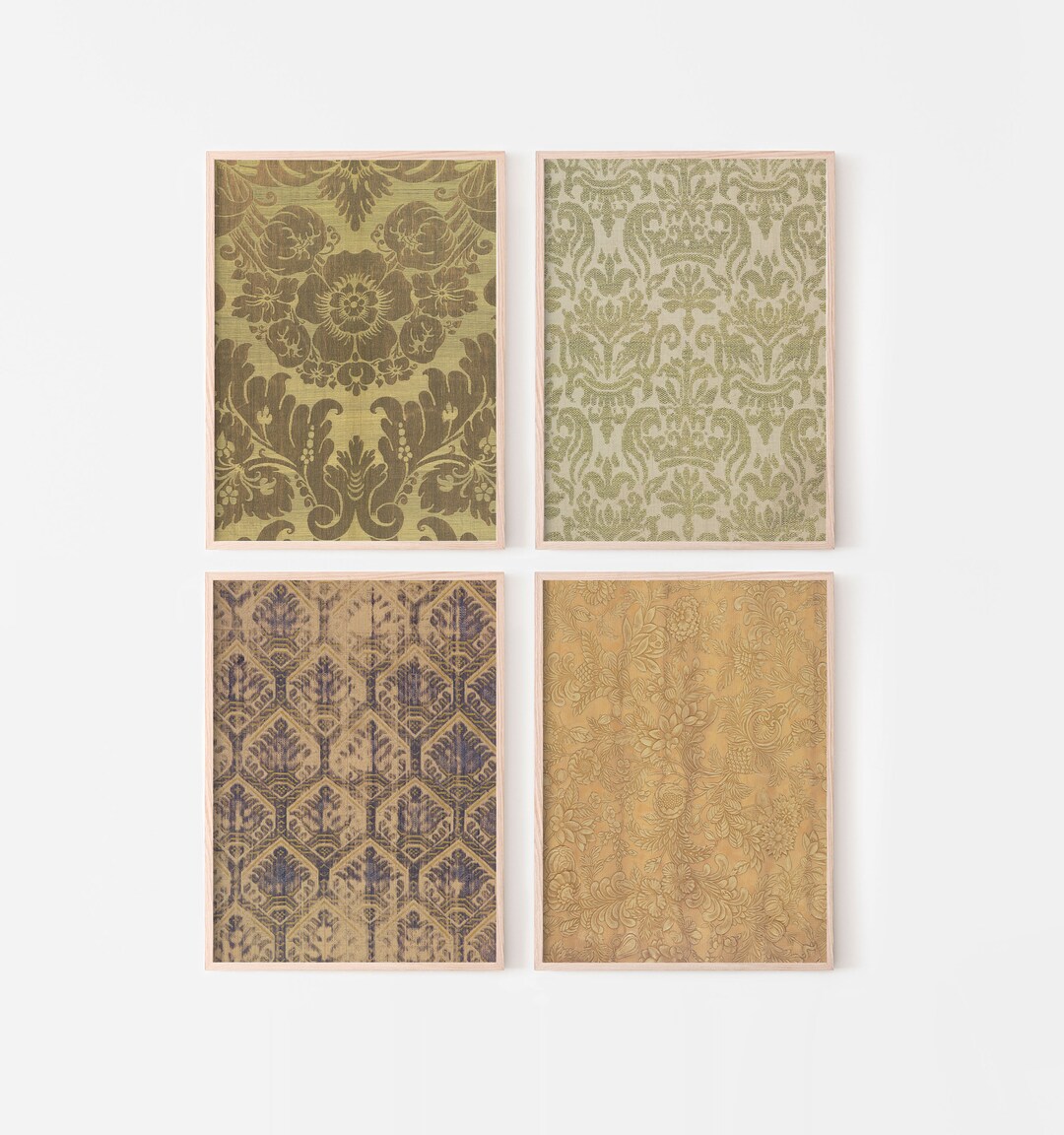 Set of 4 Muted Green Velvet Wall Art Prints, Downloadable Art, European