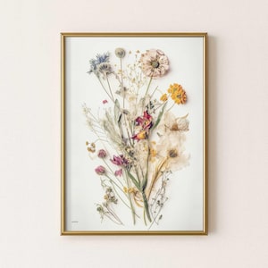 Impression de bouquet pressé de fleurs séchées, oeuvre d'art botanique imprimable de fleurs sauvages, art mural floral bohème téléchargeable, peinture de bouquet de fleurs