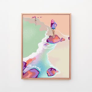 Summer seaside poster graphic, Abstract beach art print download, Retro illustration style large wall art
