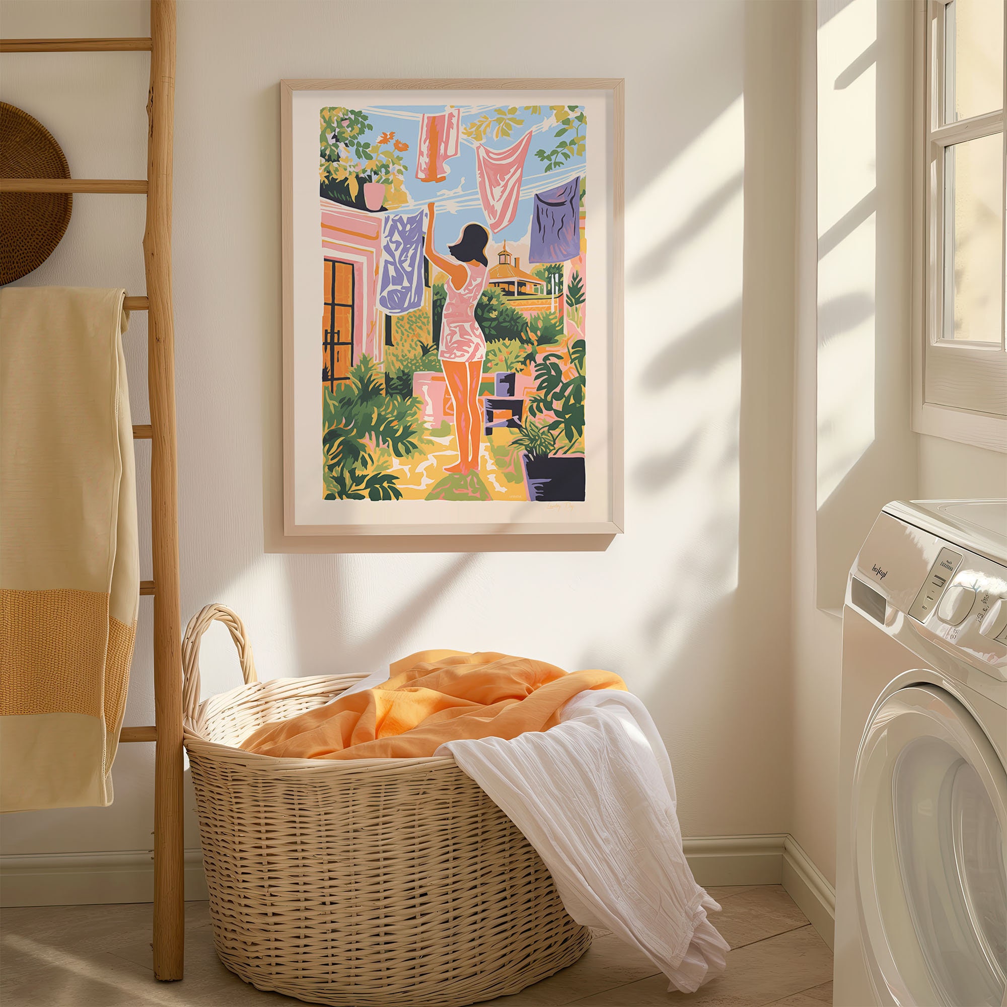 Woman Hanging Laundry Wall Art, Clothes Line Illustration Print, Linocut Style Artwork, Modern Washroom Decor In Orange and Purple