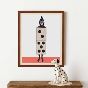 Vintage 1920s Domino Girl Illustration – Black and White Art Deco Printable Wall Art – Quirky Dice Digital Poster Download