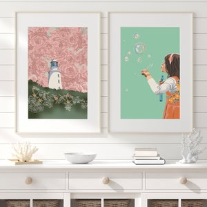 Set of 2 prints whimsical artwork downloadable art print set Pink and green girls bedroom lighthouse Two piece wall art poster pair A1 image 4