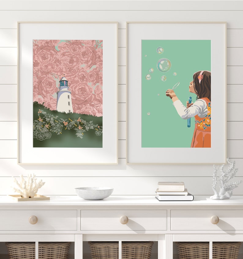 Set of 2 prints whimsical artwork downloadable art print set Pink and green girls bedroom lighthouse Two piece wall art poster pair A1 image 4