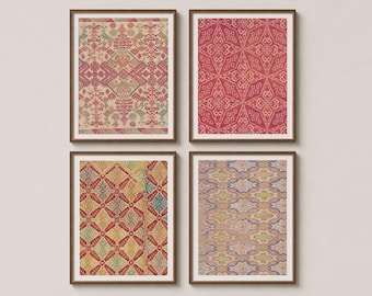 May include: A set of four rectangular wall art prints in dark brown frames. Each print features a distinct textile pattern: one with red and beige bird motifs, one with a red geometric design, one with a multi-coloured diamond grid, and one with a repeating beige and blue pattern.