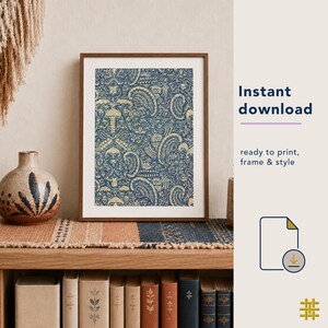 Instant download printable wall art featuring Crayfish Batik, a printable antique textile scan in indigo blue and cream, ready to download, print and frame for affordable vintage textile style at home.