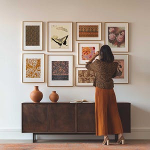 Terracotta Boho Set of 9 Digital Prints - Eclectic Gallery Wall Collection -  Vintage Florals, Textile Posters in Brown and Orange