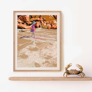 Impresión de chica bailando en la playa, póster de arte mural de terracota estilo años 70, arte bohemio imprimible en tonos marrones cálidos y naranjas, obra de arte con estética oceánica retro.