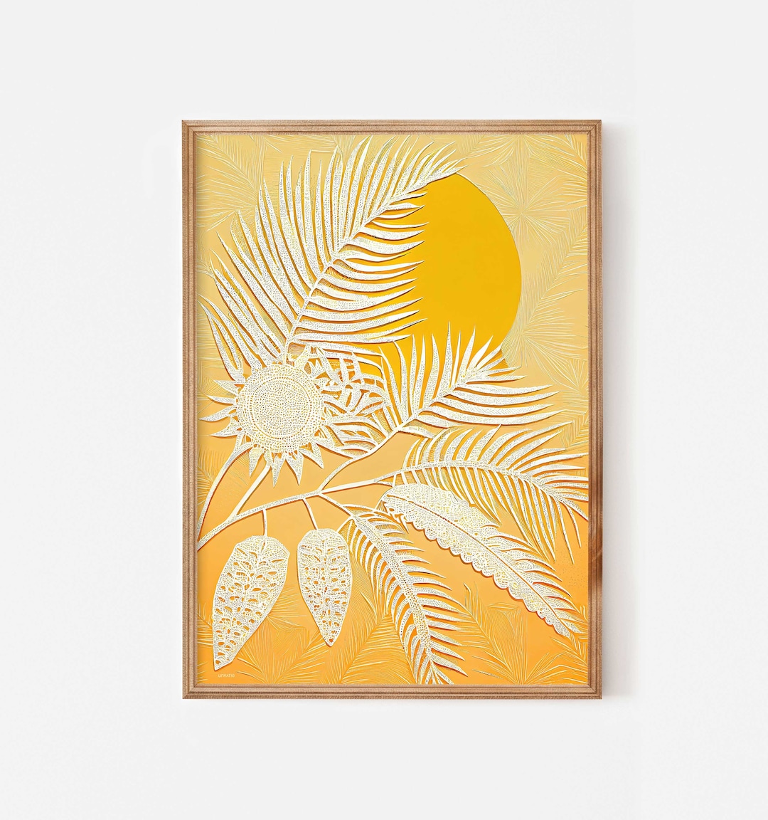 Abstract Sunset Art Printable, Tropical Palm Leaves Painting With Lace