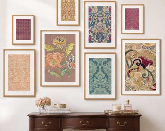 Antique European Tapestry Set of 8 Prints, Burgundy, Brown & Teal Gallery Wall Set