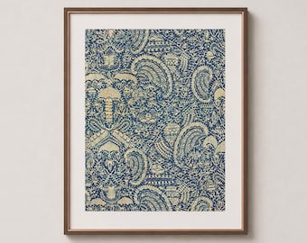 Bali Style Crayfish – Indonesian Batik Textile Wall Art Print – Indigo Blue & Cream