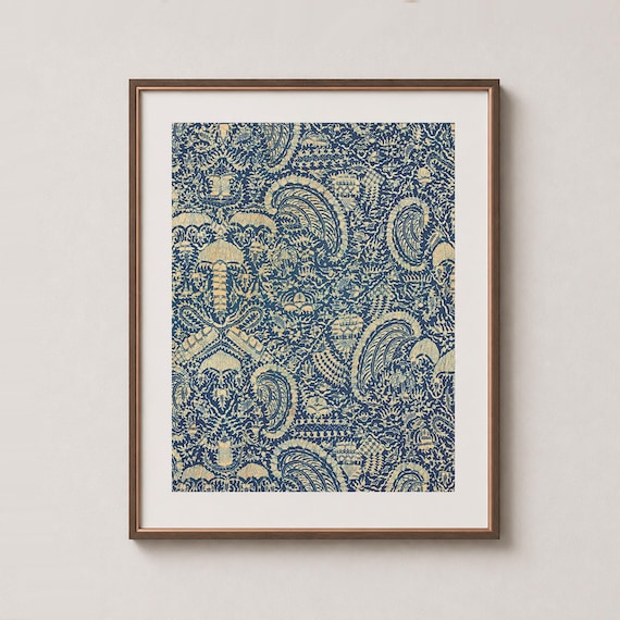 Bali Style Crayfish – Indonesian Batik Textile Wall Art Print – Indigo Blue & Cream