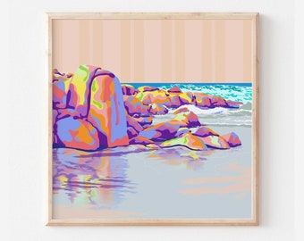 Colourful coastal rock formations, Purple ocean waves art download, abstract beach art print pastel orange, Square poster bright wall art