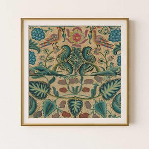Blaugrüner antiker quadratischer Textildruck, Digitaler Download Kunst, Vintage botanisches Plakat, gewebter Wandteppich, Boho-Dschungel