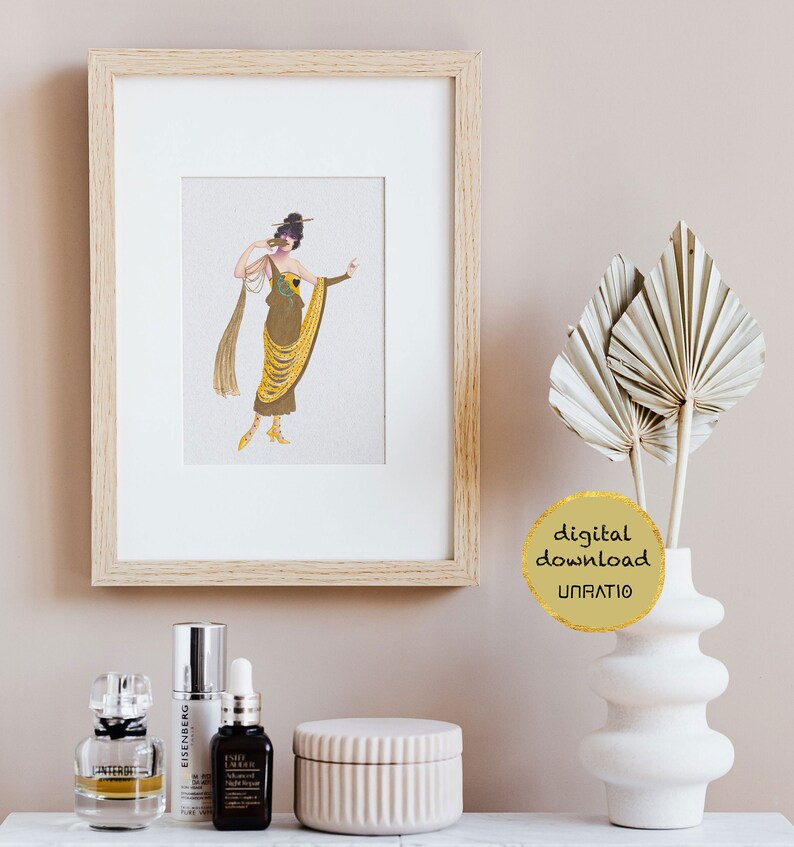 Mustard yellow vintage wall art downloadable Art deco fashion print 20s bathroom decor Flapper lady 1920s printable artwork gold picture