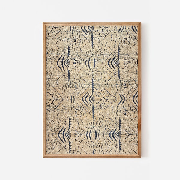 Tribal cloth printable art batik print - Vintage textile downloadable print - Earthy boho wall decor navy sand fabric pattern ethnic home