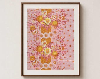 Impresión en bloque de margaritas - Impresión textil de pared con motivos florales ingleses antiguos - Rosa y amarillo mostaza