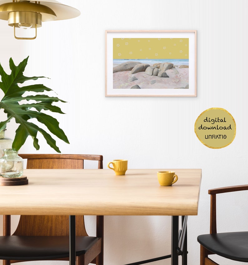 Beach wall decor landscape horizontal picture Mustard yellow print coastal wall art downloadable art Printable artwork boho ocean photo
