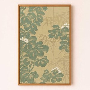 Oxalis Blume und Bambus Japanische Seide - Vintage Textiler Wand Kunst-Druck - Salbeigrün & Gold