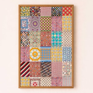 Vintage Quilt Traditional  – Patchwork Textile Wall Art Print – Brick Red & Golden Yellow