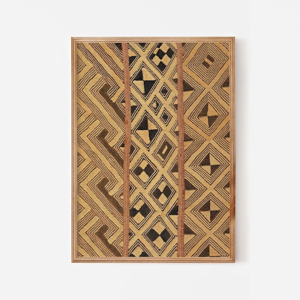 African tribal artwork fabric wall art, downloadable print, vintage textile poster in neutral brown and tan