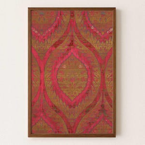 Turkish Ottoman Ikat – Arabesque Textile Wall Art Print – Pink & Ochre Gold (Digital Download)
