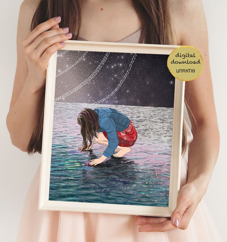 Illustrated woman by the sea modern ocean artwork Surreal female wall art celestial downloadable print Printable art boho nautical decor