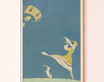 Arte de pared imprimible de una chica volando una cometa vintage: ilustración retro caprichosa con perro. Póster art déco en verde azulado y ocre.