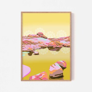 Impressão de ilustração de praia retrô amarelo mostarda, impressão para download, arte de parede costeira brilhante, arte de parede de verão com paisagem marinha abstrata, pôster de pôr do sol