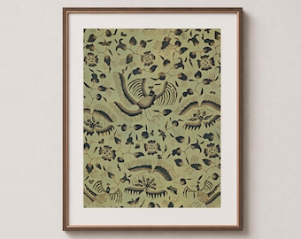 Indonesian Batik Textile Wall Art Print – Phoenix Mythical Bird In Sage & Dark Brown