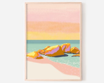 Bright colourful beach print downloadable art - Retro pastel artwork abstract landscape - Boho ocean coastal decor printable wall art A1