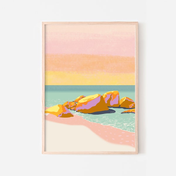 Bright colourful beach print downloadable art - Retro pastel artwork abstract landscape - Boho ocean coastal decor printable wall art A1