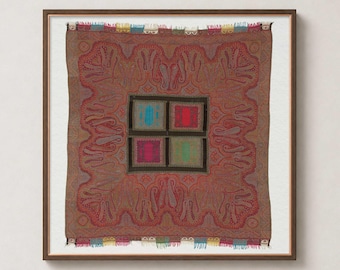 May include: A square textile wall hanging framed in wood, featuring a large brown field with intricate red paisley patterns. The centre contains four smaller squares in blue, red, magenta, and green, with multicoloured fringe along the edges.